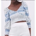 ZARA  Boho Smocked Puff Sleeve Crop Top Medium‎ Blue White Print Feminine EUC Photo 1
