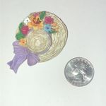 Floral Straw Hat Brooch with Purple Bow Tan Photo 2