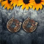 Western style wooden with sunflower shape‎ pattern drop hook earrings Brown Photo 4