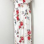 Medium Floral White and Red Off Shoulder Maxi Dress with Pockets Photo 0