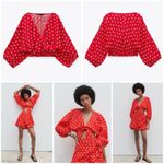 ZARA Red Daisy Floral Print Tie-Front Linen Blend Cropped Blouse Photo 1