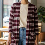 Pink Rose Burgundy Striped Cardigan with Pockets Photo 0