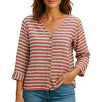 Rachel Zoe  Striped Linen Button Down Blouse Burgundy Size M Coastal Bohemian Photo 0