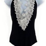 Anthropologie Floral Lace Crochet Trim Deep V Neck Halter Neck Sleeveless Bodysuit One Piece Photo 0
