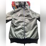 Popski Olive Green Bomber Jacket Rainbow Faux Fur Trim Multicolor Lining Women M Size 6 Photo 10