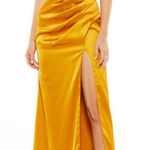 Mac Duggal  Draped Satin Slit Gown Size 12 Marigold Platinum Ruched 26585‎ Photo 0