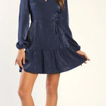 Lulus  So Splendid Navy Blue Satin Long Sleeve Wrap Dress Size Large New Photo 0