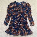 Veronica Beard  Dress Hedera Ruched Silk Ruffle Mini Floral Electric Blue Sz 16 Photo 2