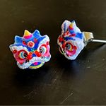 Colorful Chinese Lion lucky blue stud Dragon Mask Earrings cute small gift new Photo 1