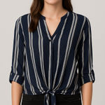Papaya Navy Blue & White Striped Tie-Front Blouse Photo 0