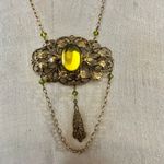 Vintage Czech Brass Filigree Necklace with Yellow Glass Cabochon & Chain Drop Photo 0