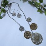 Floral Cutout Disc Charm Necklace Earrings Set Gold Photo 5
