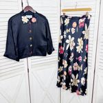 Vintage Platinum Satin Floral Maxi Skirt Crop Jacket Top Set Blue Multi Medium Photo 9