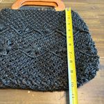 Vintage Raffia Crochet Woven Basket Straw Wood Handles 60’s Black Macrame Tote Photo 5