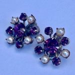 Women Clip On Earrings Purple Color Glass Faux Pearls Rivet Construction Vintage Photo 1