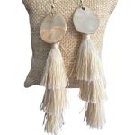 3 Tiered Tassel Earrings Gold Tone Disc Cream Thread Statement Jewelry 3.5" NWOT Photo 0