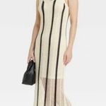 A New Day Maxi Dress L NWT Open Work Knit Cream Black Stripe Beach Summer Trip Photo 0
