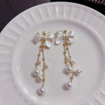 Elegant Bow White Pearl Dangle Drop Earrings for Women,Pearl Earrings Gold Photo 2