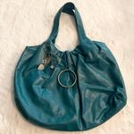 Teal Blue Faux Leather Tote Bag with Peace Charms Handbag Shoulder Bag Purse Photo 0