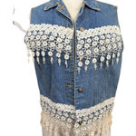 Vintage Loco Club Denim Vest Lace Crochet Fringe Size Medium Blue Photo 0
