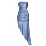 NWT Cinq à Sept 100% Silk Eliza Asymmetric Hem Strapless Satin Cocktail Dress 8 Blue Photo 2