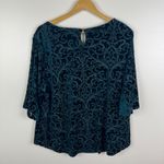Dress Barn  Velvet Burnout Damask Print Top Size 2X Teal 3/4 Sleeve Boho Holiday‎ Photo 3