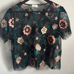 Trendy JS Floral Embroidered Mesh Sheer Overlay Crop Tee Style Top Blue Size L Photo 0