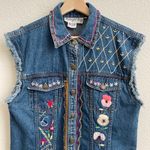 Vintage 90s Navy Denim Custom Reworked Floral Stitchwork Retro Button Up Vest Blue Size M Photo 1