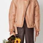 Missguided  Tan Borg Teddy Faux Leather Aviator Jacket Belted Premium Size 14 XL Photo 0