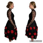 Vintage 1950s Dusauzay Black Lace Dress with Red Rosette Appliqués XS Photo 1