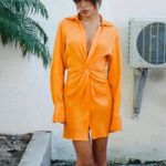 ZARA  small Orange Mini Dress long sleeve collared sexy glam‎ knot front silky Photo 1