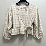 Soft Haus Garden Party Wrap Top Blouse Linen Cotton Natural Plaid Tan Size XS Photo 2