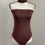 SheIn Open Back Bodysuit Medium Chocolate Brown Silky Smooth Thong Snap Edgy Coquette Photo 0