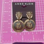 Anne Klein gold tone lion head Metal Round Medallion Coin Dangle drop earrings Photo 3