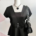 Vintage Black Babydoll Peplum Top Y2K 2000s Goth Coquette Glam Size Large Photo 0