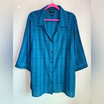 Maggie Barnes Teal Blue Black Plaid Check 3/4 Sleeve Button Up Blouse 2X 22/24W Photo 1