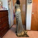 NWOT green one shoulder satin prom dress size 6 lace up back flared skirt slit Photo 3