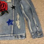 Signature 8 embellished denim jean jacket rose patch, bead peace rips and tears Blue Photo 7