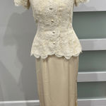 Vintage silk Fabian Molina Cream Lace Peplum Dress size 8 Off Shoulder Formal Tan Photo 0