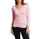Henley Shirt Womens Size XL Light Pink Ribbed Knit Lace Trim Casual Chic Soft Photo 1