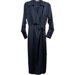 Ramy Brook  Aurora Draped Navy‎ Satin Midi Shirt Dress Side Slit Long Sleeve Sz 2 Photo 3
