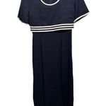 Vintage 80s Navy Blue Maxi Dress Sailor White‎ Trim Sz 14 Nautical Preppy Retro Photo 0