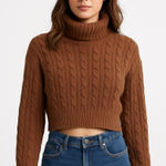 Ambiance Apparel Brown Cable Knit Cropped Turtleneck Sweater | Women’s M Photo 0