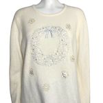 Vintage Y2K Christmas Beaded Cream Lambswool Angora Sweater Wreath Wool Medium White Photo 5