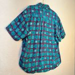 Creative Edge South Western Print Silk Button Up Blouse Size Large Short Sleeve Green Photo 3
