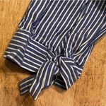 J.Crew Women’s Large Navy/White Stripe Button Front Tie Cuff Cotton Blend Blouse Photo 4
