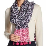 Rebecca Minkoff Daisy White Floral Pink Oblong Tassel Trim Rectangular Scarf Photo 0