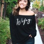 New Wifey Wide Neck Off the Shoulder Long Sleeve Tee Shirt Top Black sz Small Photo 1