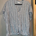Time and Tru Dark Navy Gray White Striped Tie Front Shirt Womens XL Photo 0