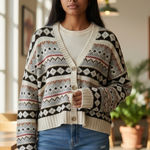 American Eagle  Women’s Multicolored Cropped Cardigan Ski Sweater Size Large Photo 0